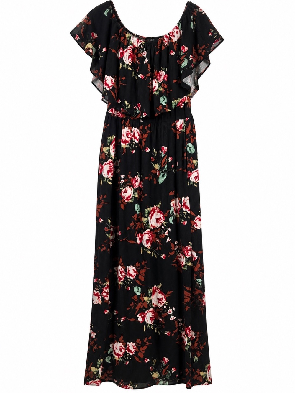 Black Floral Maxi Dress with Ruffled Bodice Slit Both Both Side‎ Sz XL